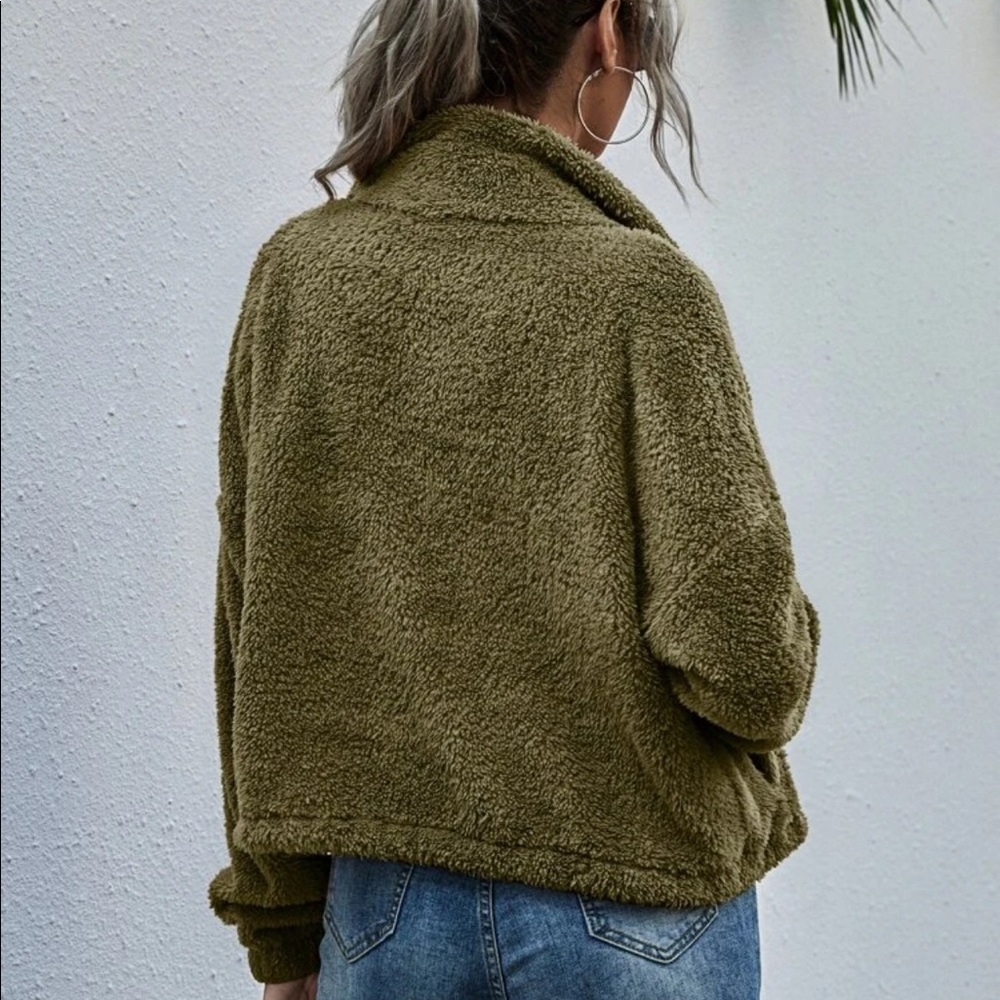 Zip up teddy jacket cinch waist hem gray faux fur - Picture 4 of 6